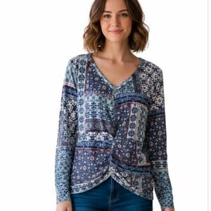 Daily Threads Elegant Blue Twist Front Patchwork Patterned Long Sleeve Top